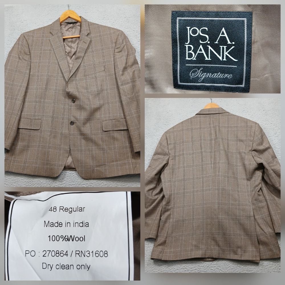 Jos A Bank Signature Blazer Men's‎ 48R Brown Plaid 100% Wool 2-Button Jacket